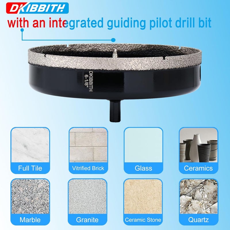 DKIBBITH 6-1/8" Diamond Hole-Saw Bits with Pilot Drill Bit - 6-1/8" Diamond Tipped Tile Hole Saws with Guiding Bit for Porcelain Tile Ceramic Pottery Granite Stone Glass Bottles 156mm. - Image 5